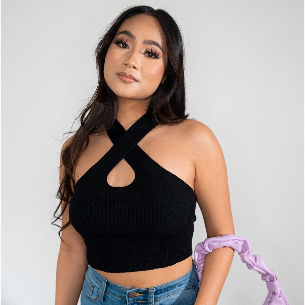 New-Black Knit Halter Crop Top - Stretchy & Soft